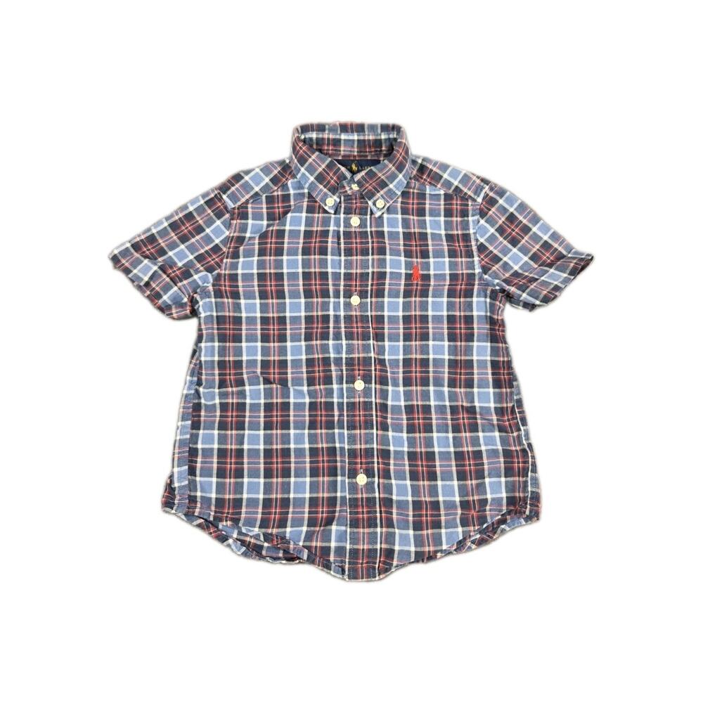 Ralph Lauren Shirt Boys 3T Blue Plaid Button Up Short Sleeve Pony Logo Casual